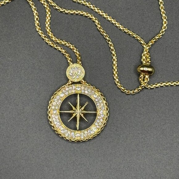 Gold Tone Compass Necklace with Rhinestones #1459 - Picture 3 of 16